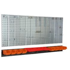 botle Nástěnná police 156x72 cm Kovový úložný systém s držáky na nářadí a 8 stohovací krabice, 100 x 150 x 70 mm barva: oranžový