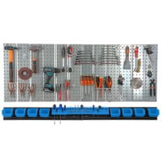 botle Nástěnná police 156x72 cm Kovový úložný systém s držáky na nářadí a 8 stohovací krabice, 100 x 150 x 70 mm barva: modrý