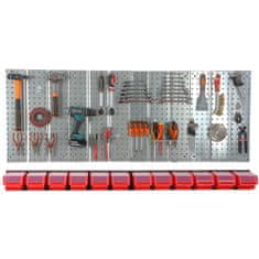 botle Nástěnná police 156x72 cm Kovový úložný systém s držáky na nářadí a 12 stohovací krabice, 120 x 200 x 90 mm barva: červený