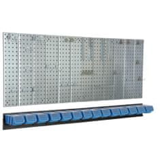 botle Nástěnná police 156x72 cm Kovový úložný systém s držáky na nářadí a 14 stohovací krabice, 100 x 150 x 70 mm barva: modrý
