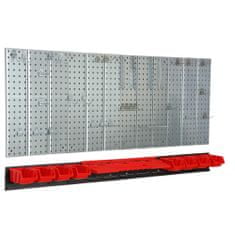 botle Nástěnná police 156x72 cm Kovový úložný systém s držáky na nářadí a 8 stohovací krabice, 100 x 150 x 70 mm barva: červený
