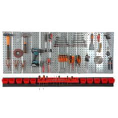 botle Nástěnná police 156x72 cm Kovový úložný systém s držáky na nářadí a 10 stohovací krabice, 80 x 115 x 60 mm barva: červený