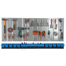 botle Nástěnná police 156x72 cm Kovový úložný systém s držáky na nářadí a 10 stohovací krabice, 80 x 115 x 60 mm barva: modrý