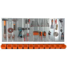 botle Nástěnná police 156x72 cm Kovový úložný systém s držáky na nářadí a 12 stohovací krabice, 120 x 195 x 90 mm barva: oranžový