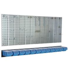 botle Nástěnná police 156x72 cm Kovový úložný systém s držáky na nářadí a 12 stohovací krabice, 120 x 200 x 90 mm barva: modrý