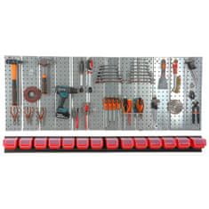 botle Nástěnná police 156x72 cm Kovový úložný systém s držáky na nářadí a 14 stohovací krabice, 100 x 150 x 70 mm barva: červený