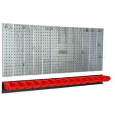 botle Nástěnná police 156x72 cm Kovový úložný systém s držáky na nářadí a 15 stohovací krabice, 100 x 150 x 70 mm barva: červený