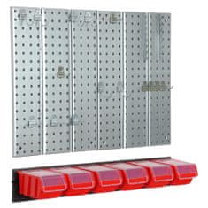 botle Nástěnná police 78x72cm Kovový úložný systém držáky na nářadí 6 krabice červený