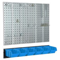 botle Nástěnná police 78x72cm Kovový úložný systém s držáky na nářadí 6 krabice modrý