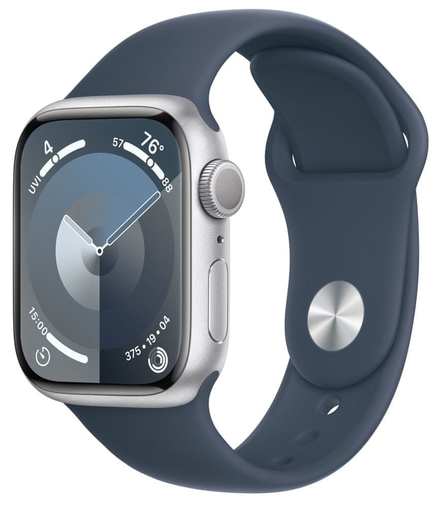 Levně Apple Watch Series 9, 41mm, Silver, Storm Blue Sport Band - M/L (MR913QC/A)