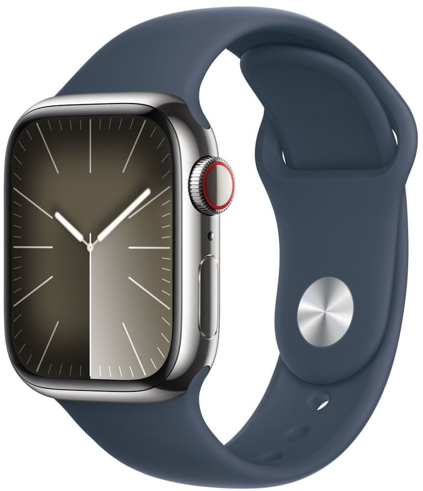 Levně Apple Watch Series 9, Cellular, 41mm, Silver Stainless Steel, Storm Blue Sport Band - S/M (MRJ23QC/A)