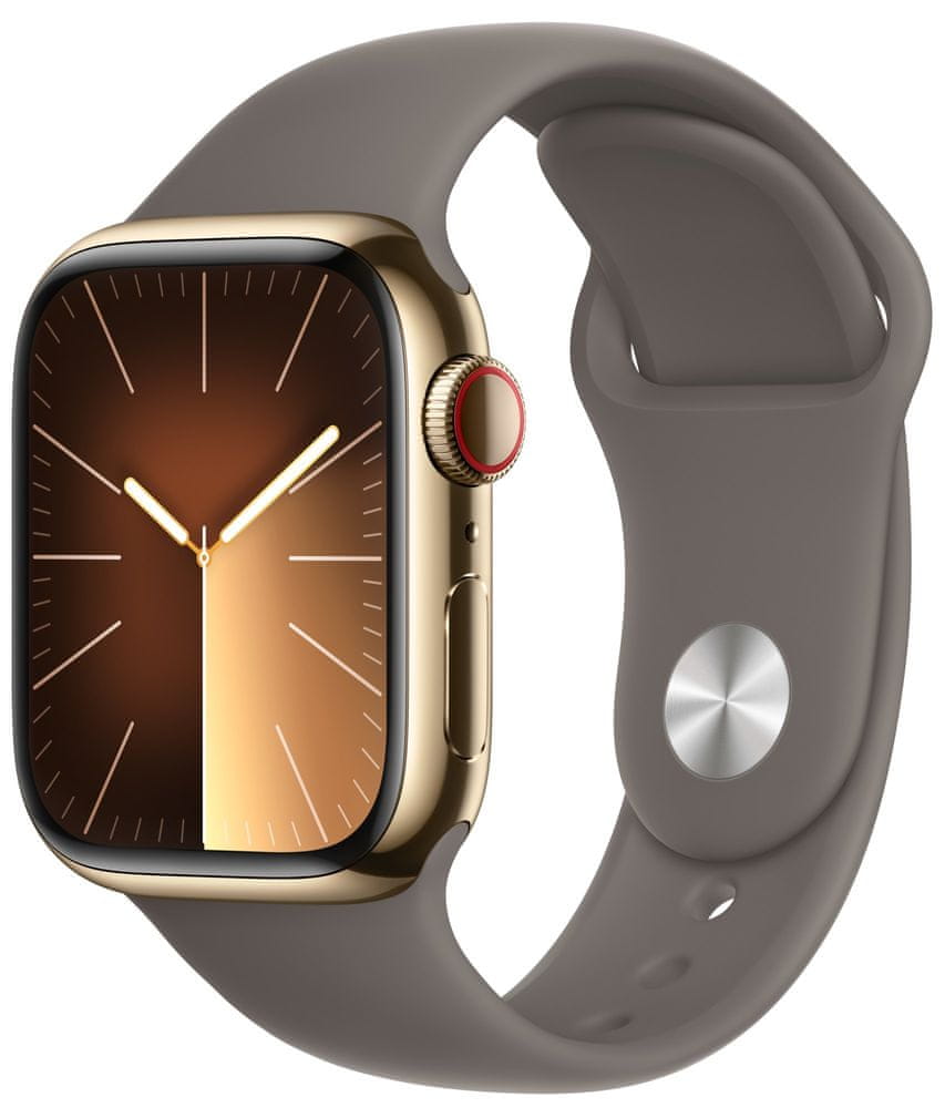 Levně Apple Watch Series 9, Cellular, 41mm, Gold Stainless Steel, Clay Sport Band - M/L (MRJ63QC/A)