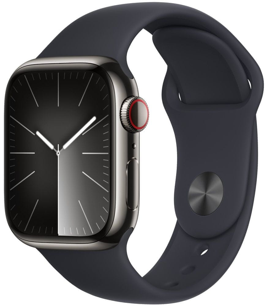 Levně Apple Watch Series 9, Cellular, 41mm, Graphite Stainless Steel, Midnight Band - M/L (MRJ93QC/A)