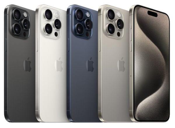 Apple iPhone 15 Pro Max, supervýkonný procesor, strojové učenie, A17 Pro, veľký displej, trojitý zadný ultraširokouhlý fotoaparát, predný fotoaparát, 48 Mpx, 12 Mpx, IP68, vodoodolný, Face ID, Dolby Atmos