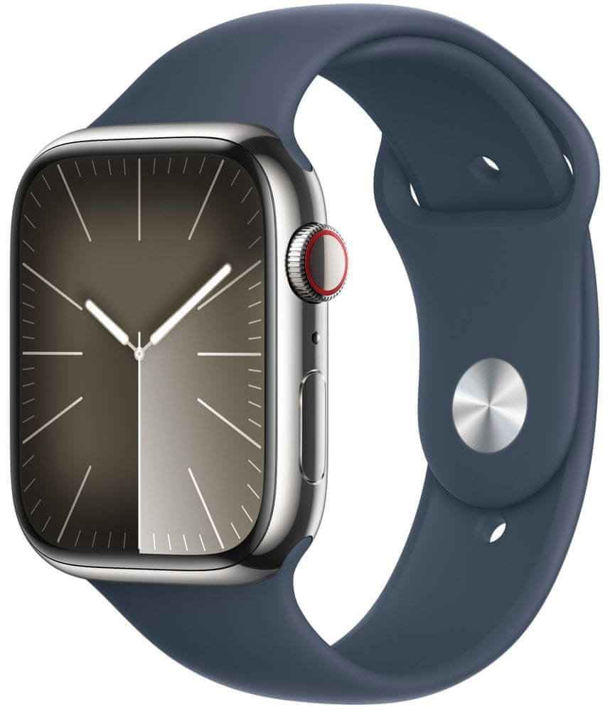 Levně Apple Watch Series 9, Cellular, 45mm, Silver Stainless Steel, Storm Blue Sport Band - S/M (MRMN3QC/A)
