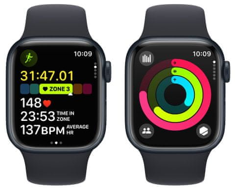 Apple Watch Series 9 Cellular okosóra eSIM funkció esim kétirányú kommunikáció, 45mm, Apple Pay Retina kijelző vízállóság WR50 úszáshoz autóbaleset érzékelés új funkciók alvási fázis SOS hívás porálló gyorsulásmérő GPS mindig bekapcsolva EKG pulzusmérés zenelejátszó hívás értesítések NFC fizetés Apple Pay zajszint mérés App Store vér oxigénszint érzékelő szenzor fizikai erőnlét mérés VO2 max