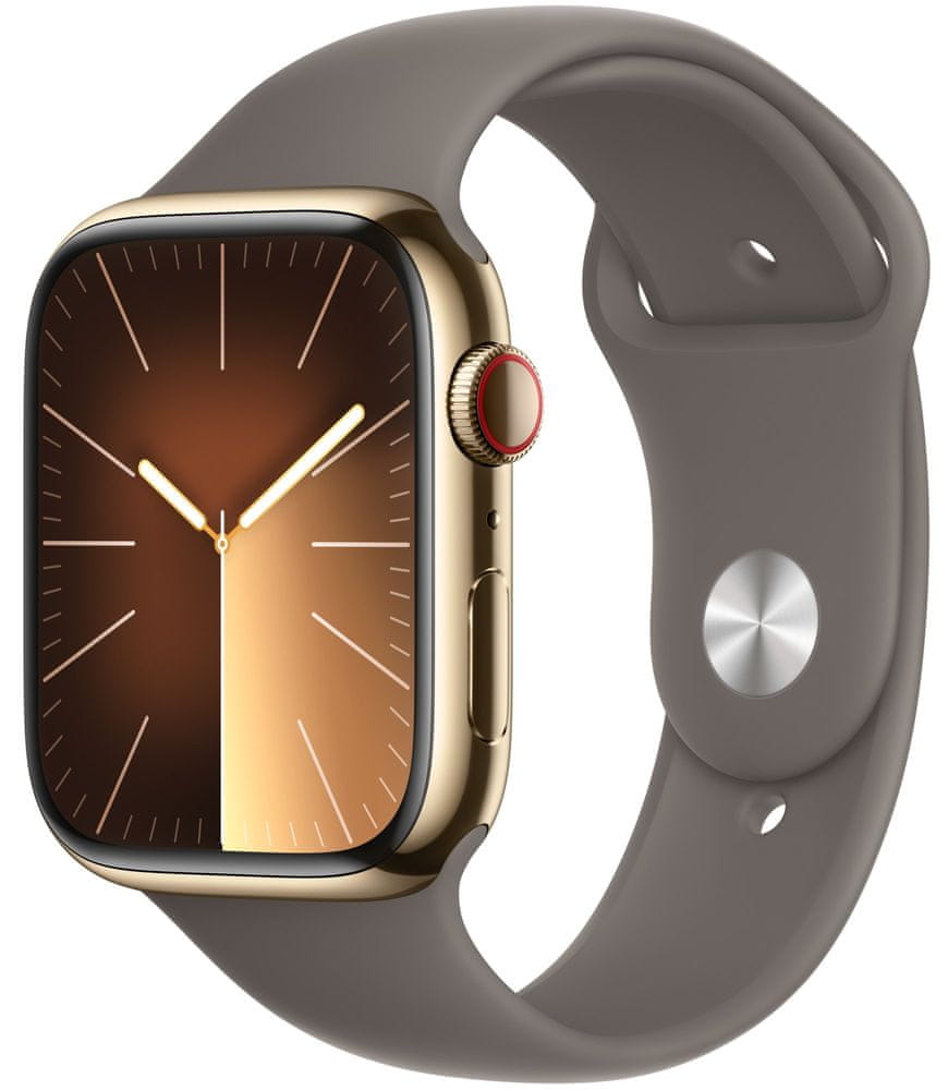 Levně Apple Watch Series 9, Cellular, 45mm, Gold Stainless Steel, Clay Sport Band - M/L (MRMT3QC/A)