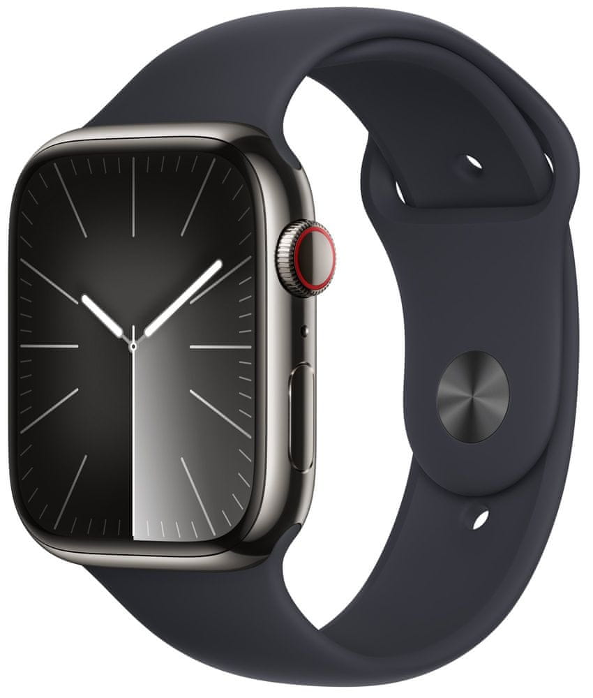 Levně Apple Watch Series 9, Cellular, 45mm, Graphite Stainless Steel, Midnight Sport Band - S/M (MRMV3QC/A)