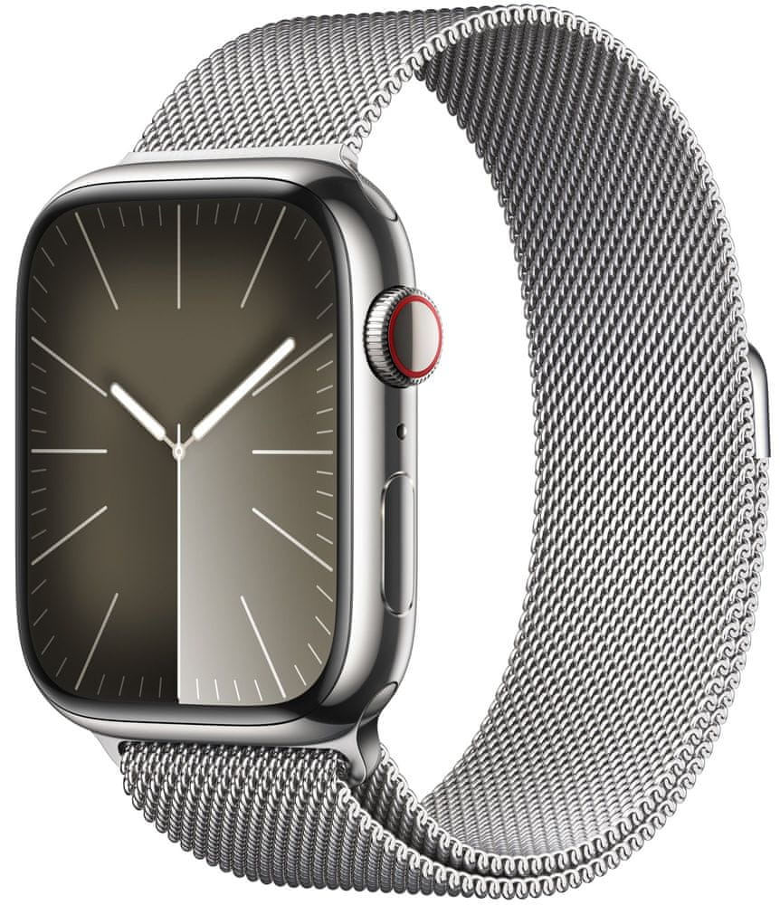 Levně Apple Watch Series 9, Cellular, 45mm, Silver Stainless Steel, Silver Milanese Loop (MRMQ3QC/A)