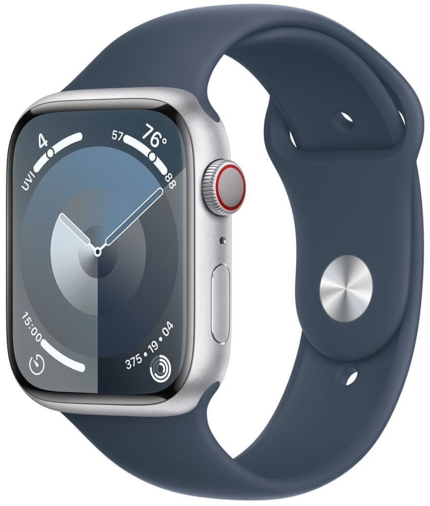Levně Apple Watch Series 9, Cellular, 45mm, Silver, Storm Blue Sport Band - M/L (MRMH3QC/A)