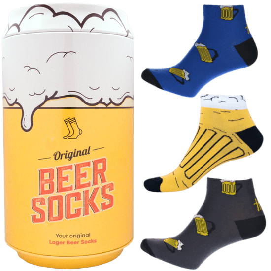 WiTSocks Veselé Ponožky Dárkový set - 3 páry nízkých pivních ponožek v dárkové pivní plechovce