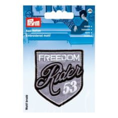 PRYM Nášivka štítek Freedom Rider 53, nažehlovací, šedá/černá/bílá