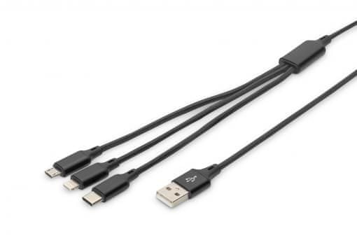 Digitus USB nabíjecí kabel, 3 v 1, USB A - Lightning+micro B+Type-C 1m, kabel, bavlna, CE, bl