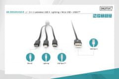 Digitus USB nabíjecí kabel, 3 v 1, USB A - Lightning+micro B+Type-C 1m, kabel, bavlna, CE, bl