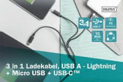 USB nabíjecí kabel, 3 v 1, USB A - Lightning+micro B+Type-C 1m, kabel, bavlna, CE, bl
