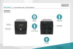 Digitus Professional Line-Interactive UPS, 1000VA / 600W 12V / 7Ah x2 baterie, 4x CEE 7/7, AVR, USB, RS232, RJ11 / RJ45, LCD displ