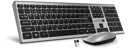 Connect IT Combo bezdrátová stříbrná klávesnice + myš, (+2x AAA +1x AA baterie zdarma), CZ + SK layout