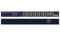 Planet GSW-2824P PoE switch, 26x 1Gb + 2x SFP 1Gb, VLAN, extend mód 10Mb-250m, 802.3at, 802.3az, 250W PoE Budget