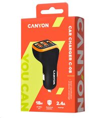 Canyon auto nabíječka C-08, 1xUSB-C (PD 18W) + 2xUSB-A, vstup 12V-24V,výstup 5V-2.4A, Smart IC,CE,RoHS - černo oranžová