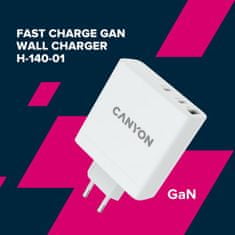 Canyon síťová rychlonabíječka GaN, H-140 (140W), vstup 100-240V, výstup USB-C1/C2 5-20V, USB-A 1/A2 4.5-20V