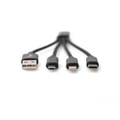 Digitus Nabíjecí kabel USB 3 v 1 - USB A - Lightning + micro B + typ C M/ M/M/M 0,15 m, bavlna, CE, zlatá, bl
