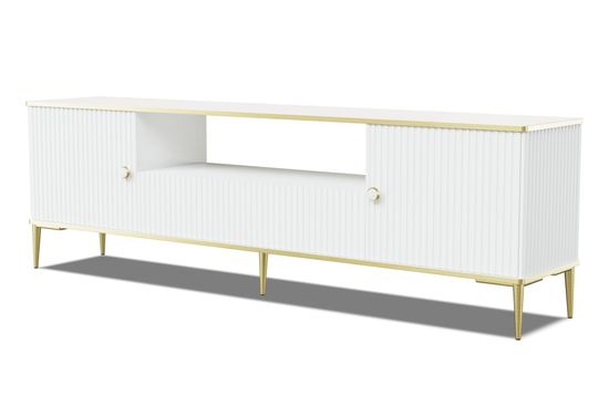 Homlando TV stolek PETRA 180 cm 2D1S frézovaná bílý mat se zlatými nohami