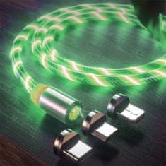 Techsuit Nabíjecí kabel Techsuit 3v1 LED tekoucí, magnetický – USB na Type-C, Micro USB, Lightning, 1m – Zelený