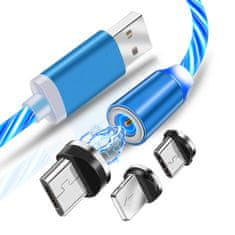 Techsuit Nabíjecí kabel Techsuit 3v1 LED tekoucí, magnetický – USB na Type-C, Micro USB, Lightning, 1m – modrý
