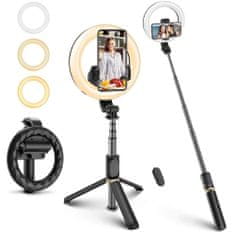 Techsuit Selfie tyč Tripod Techsuit Q07 Stabilní stativ se selfie prstencovým světlem, dálkovým ovládáním Bluetooth, 80 cm – černý