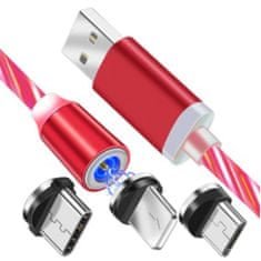Techsuit Nabíjecí kabel Techsuit 3v1 LED tekoucí, magnetický – USB na Type-C, Micro USB, Lightning, 1m – červený