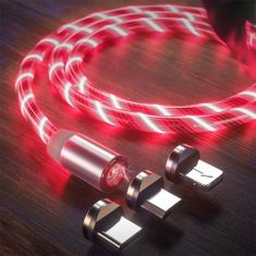 Techsuit Nabíjecí kabel Techsuit 3v1 LED tekoucí, magnetický – USB na Type-C, Micro USB, Lightning, 1m – červený