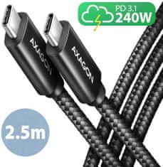 AXAGON kabel USB-C - USB-C, 240W 5A, ALU, opletený, 2,5m, černá