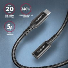 AXAGON kabel prodlužovací USB-C(M) - USB-C(F), USB 20Gbps, PD 240W 5A, 8K HD, ALU, oplet,