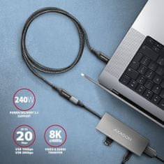 AXAGON kabel prodlužovací USB-C(M) - USB-C(F), USB 20Gbps, PD 240W 5A, 8K HD, ALU, oplet, 0,5m, čern