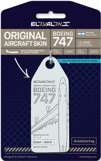 Aviationtag přívěsek ze skutečného letadla B747 El Al, 4X-ELA - bílý