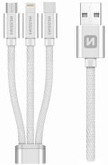 SWISSTEN Swissten Datový kabel 3in1 MFi, 1,2 m, textilní, (micro USB, USB-C, Lightning) stříbrný