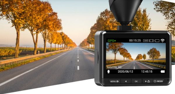  autokamera navitel r 9 dual full hd rozlišení vnitřní hlavní přední kamera podsvícený displej gps zadní kamera v balení gsensor 