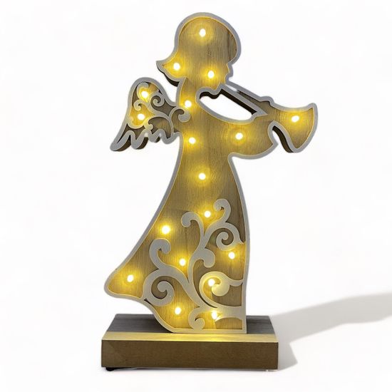 AUR Dřevěná svítící dekorace - Anděl s trumpetou (33cm)