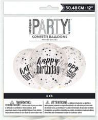 Unique Balónek transparentní 30cm potisk Happy birthday - černostříbrné konfety, 6ks