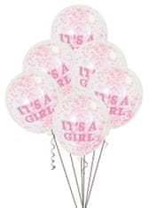Unique Balónek transparentní 30cm potisk "It´s a girl" s růžovými konfetami, 6ks